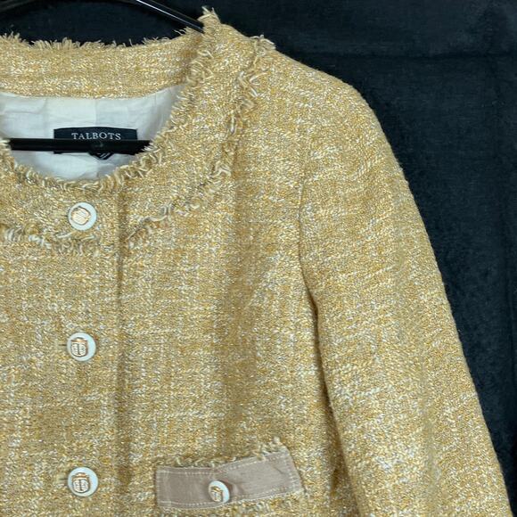 Talbots Womens Jacket Gold Tweed Classic Jackie O Blazer Lined Cotton Blend 6P - Picture 5 of 12